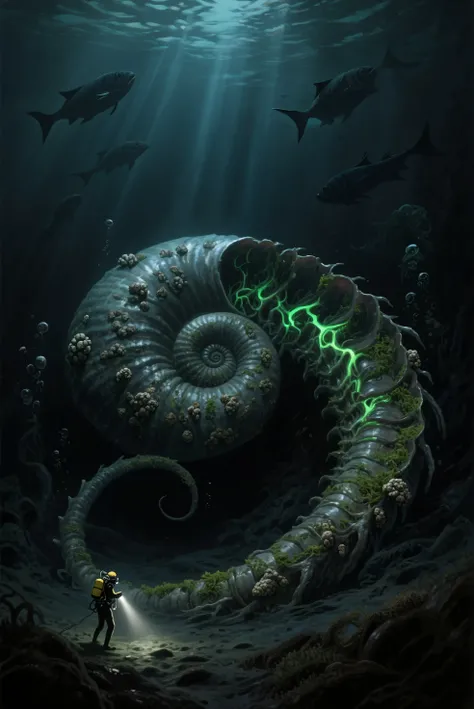 masterpiece, best quality, ultra-detailed, Lovecraftian sea monster, deep sea eldritch horror, hybrid of ammonite and orthoceras...