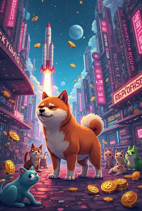 A wide, high-resolution digital art banner featuring a chaotic, vibrant crypto scene filled with popular meme coin mascots. Incl...