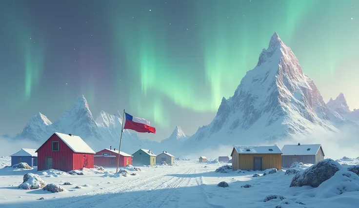 A surreal and cinematic 16:9 digital painting of the Chilean Antarctic village Villa Las Estrellas, set in a frozen white landsc...