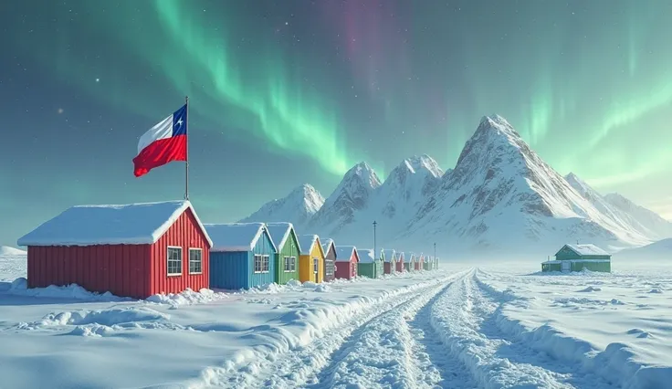A surreal and cinematic 16:9 digital painting of the Chilean Antarctic village Villa Las Estrellas, set in a frozen white landsc...