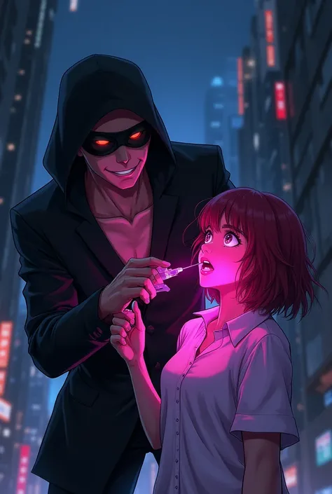 Draw an anime-style picture of a robber injecting a guy with a strange pink liquid 