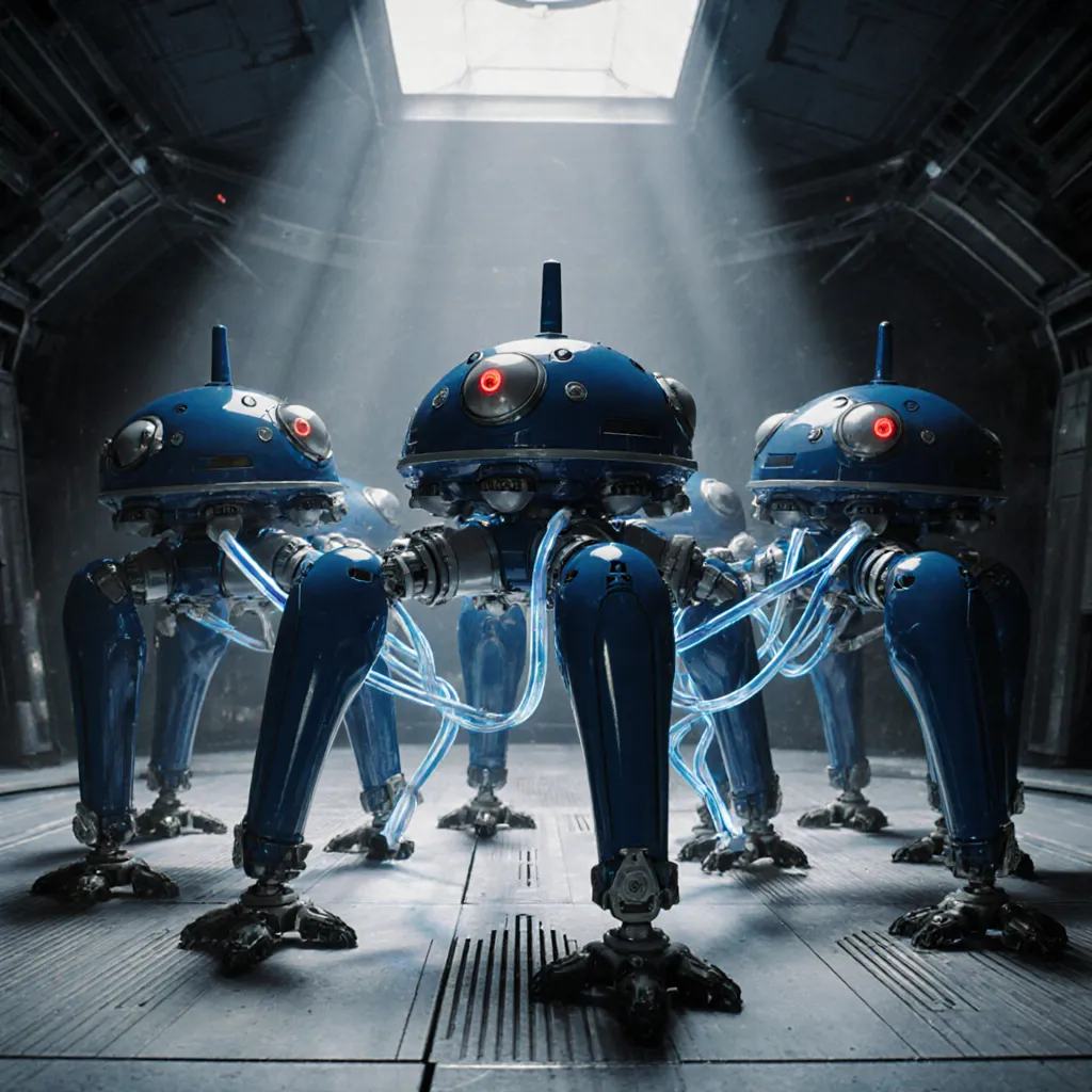 A moving scene of futuristic military multi-legged tank-type AI "Tachikoma robots" holding hands in a circle. Eight Tachikomas s...
