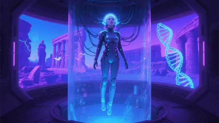 Elara connected to a neural interface, floating in a chamber while flashing visions of ancient civilizations and DNA spirals pas...