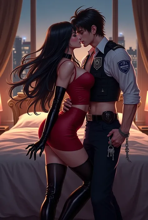 Sultry anime police woman in dominant position, long flowing black hair with glossy sheen, wearing tight red dress beneath cropp...