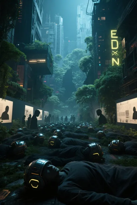 (Very detailed Cyberpunk, photographie haute résolution, Double Exposition, perfect image of Eden mixed with the silhouette of s...