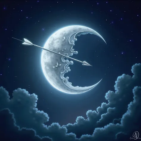Silver crescent moon pierced by an arrow. D&D art style and something divine