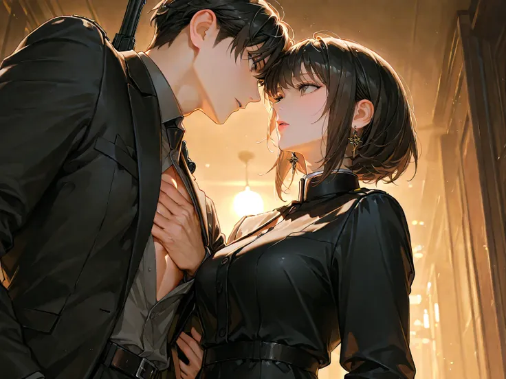 1female, 1male, handsome, masterpiece, high quality, top quality, semirealistic,  spy , gun, ((A woman points a gun at a man's c...