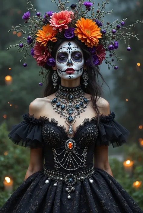 Front art photograph full shot cuerpo completo of a Catrina on the Day of the Dead, 20 year old, kind face and subtle smile, we...