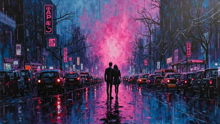 🖤🖋️ Chaotic urban night painted in feral Inkdrunk style: thick black ink hurled, smeared, splattered, dripping neon heat. Jagged...