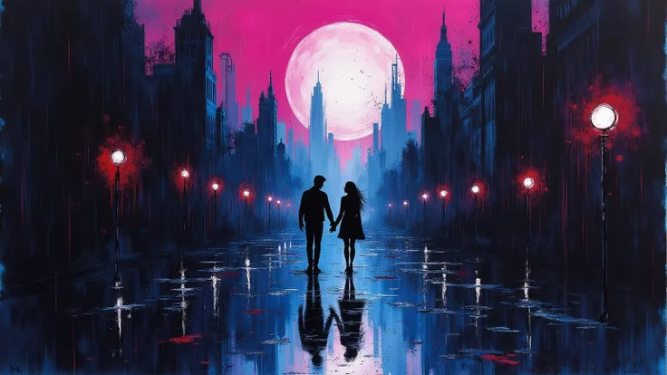 🖤🖋️ Chaotic urban night painted in feral Inkdrunk style: thick black ink hurled, smeared, splattered, dripping neon heat. Jagged...