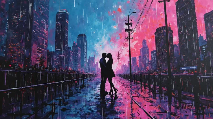 🖤🖋️ Chaotic urban night painted in feral Inkdrunk style: thick black ink hurled, smeared, splattered, dripping neon heat. Jagged...