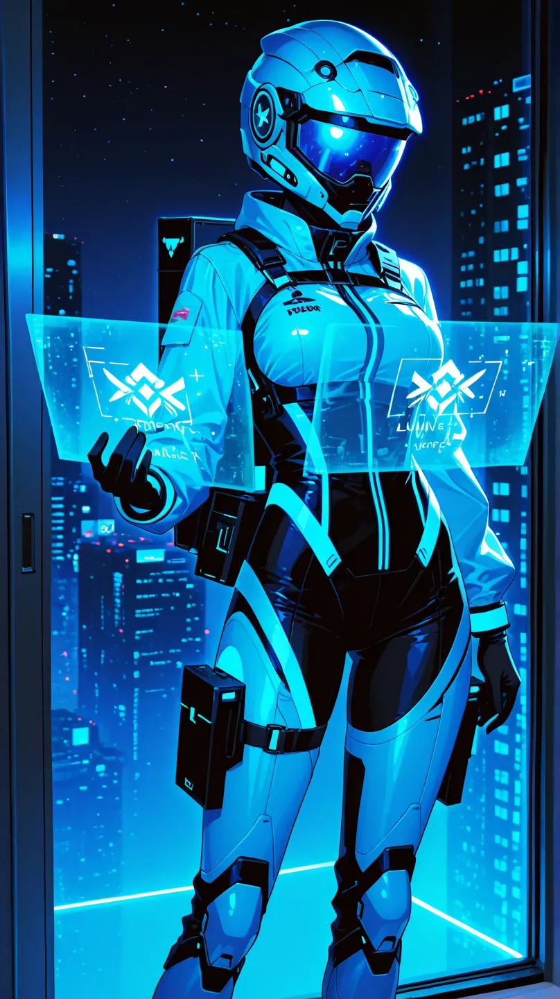 delivery man operating a futuristic delivery drone、Skyscrapers、hologram display、Futuristic Helmet、luminous line uniform、Night vi...