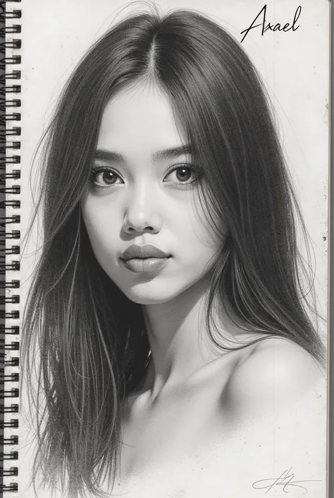 Realistic pencil portrait of a young woman with light, smooth skin, large dark expressive eyes with long lashes, full lips pucke...