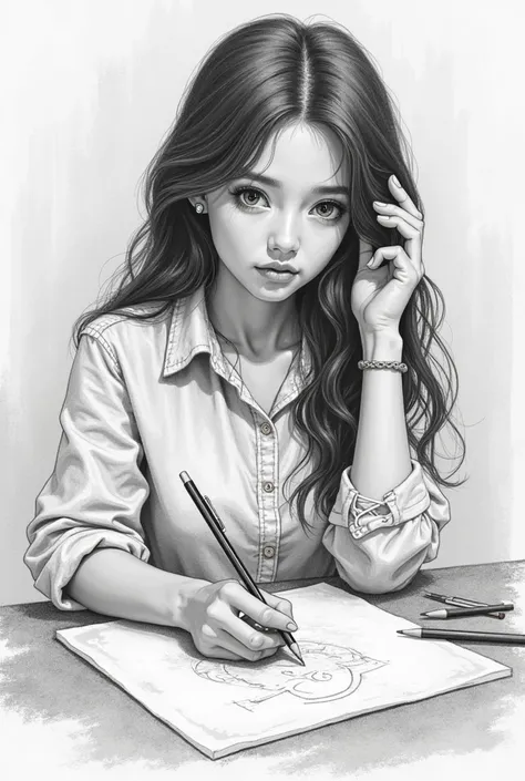 Help draw a black and white picture from a pencil as a female student. General dress, sit facing, intently study out the cartoon...