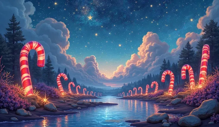 "Night sky over chocolate river with glowing stars and candy canes along the shore, dreamy and playful illustration"