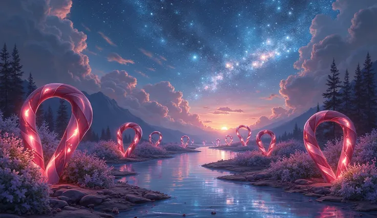 "Night sky over chocolate river with glowing stars and candy canes along the shore, dreamy and playful illustration"