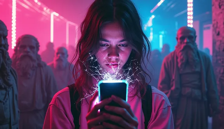 "A distorted digital collage showing a modern teenager with empty eyes, glued to a cracked phone screen displaying OnlyFans, sur...