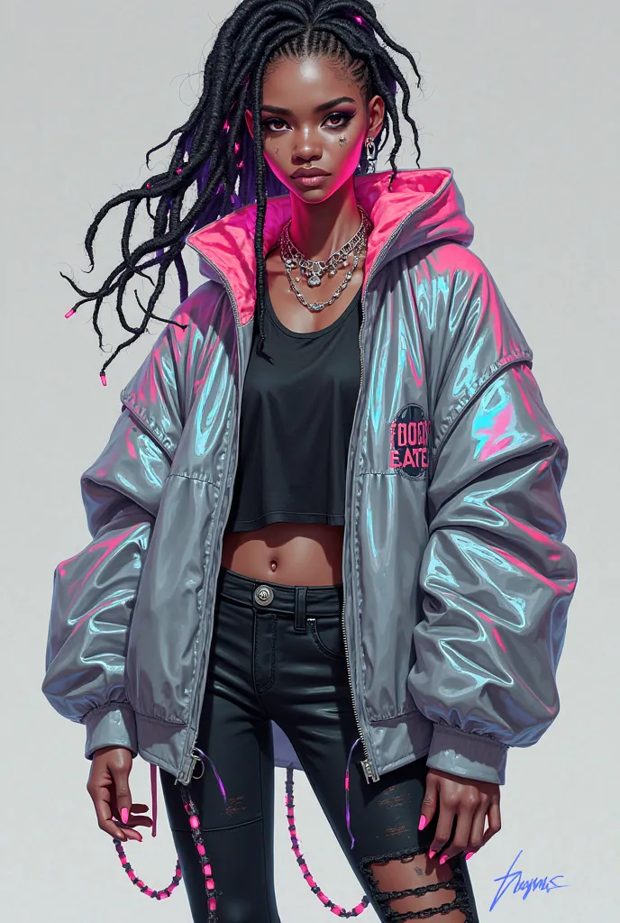 Create a female character using this information 
Holo-Punk Streetwear

Description: Oversized metallic-gray jacket with hologra...