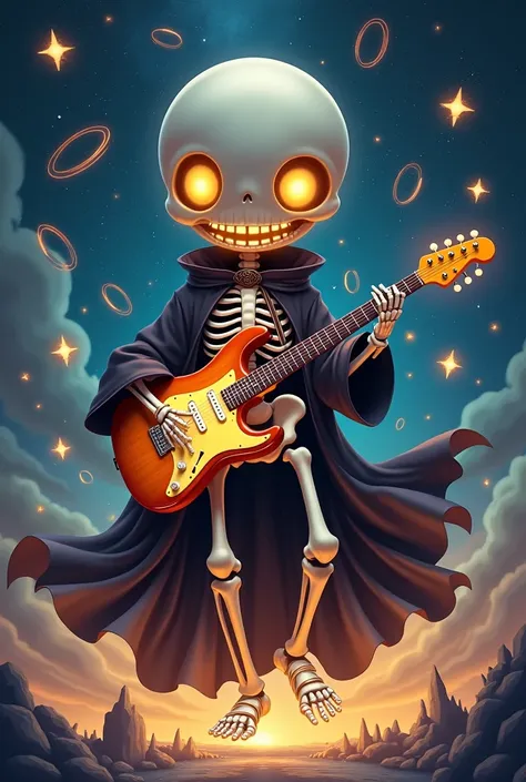 giant smiling skeleton with an iconic spherical face, floating while playing a brilliant magic guitar, black robe waving effects...