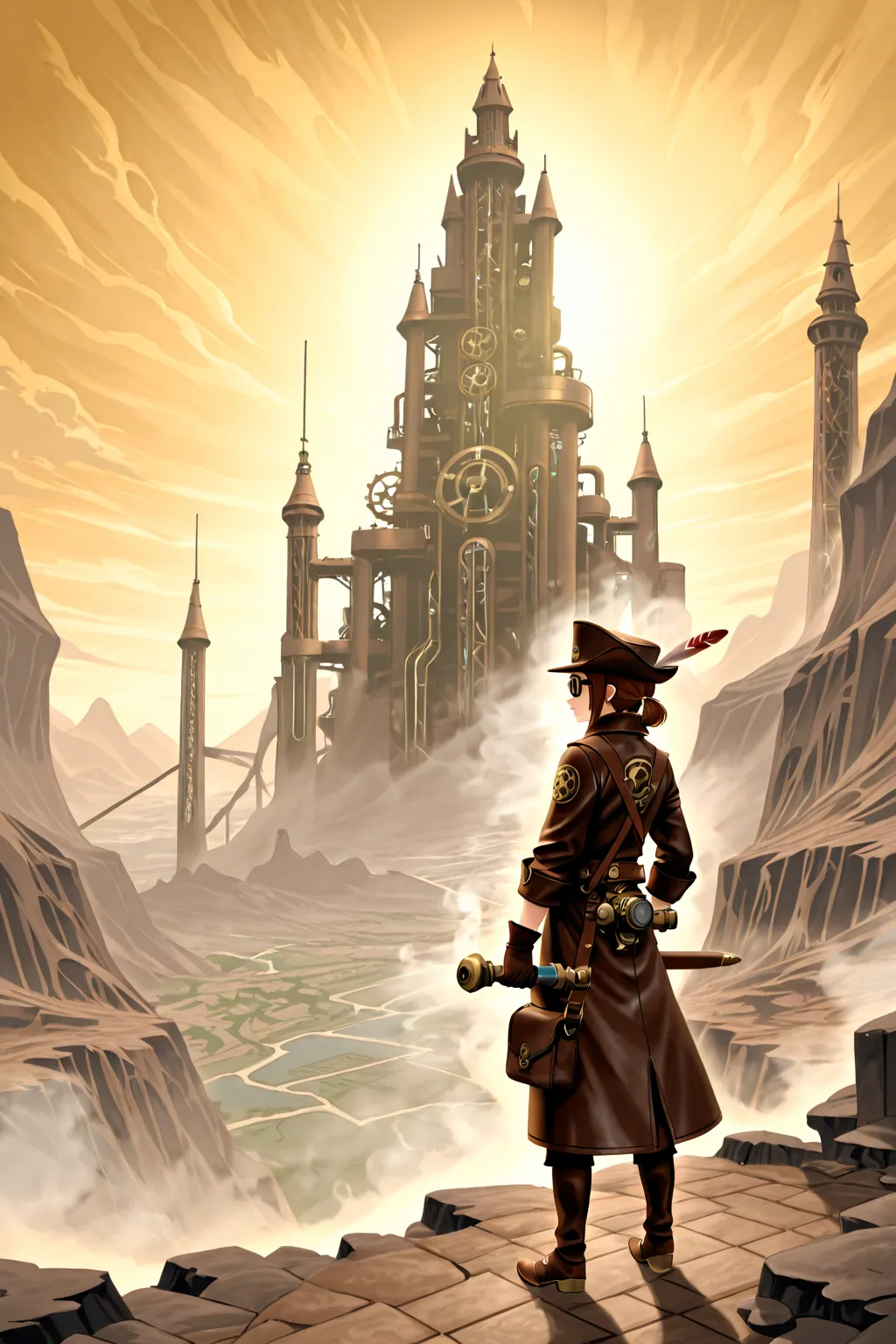 A steampunk adventurer portrait inspired by Jules Verne: a Special Courier navigates the ruins of an ancient city, gliding with ...