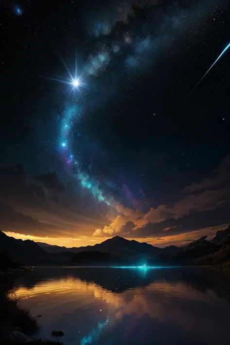 Masterpiece sci-fi fantasy landscape, cosmic waterfall pouring from celestial heights into luminous blue river, detailed Milky W...