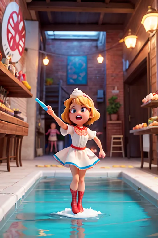 A vibrant, 3D animated Pixar-style scene set in a colorful ice cream factory. A young girl in a white gown with blonde hair joyf...