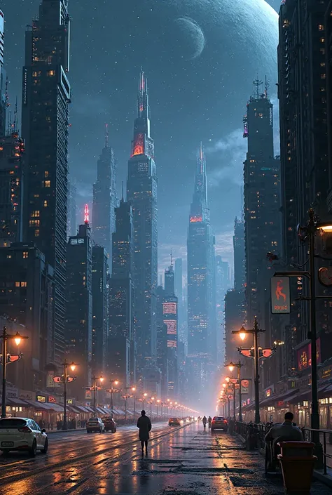 metropolis, night. night streets are visible. This all goes deep into space. Several planets are visible in the background. real...