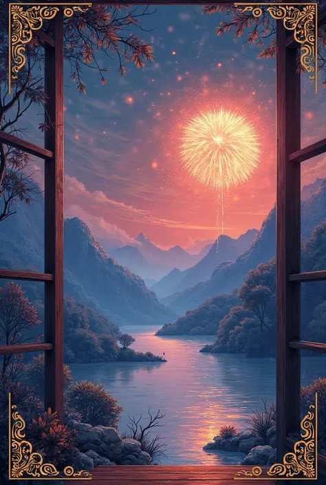 Background：  
with light gold fireworks embossed pattern（iris pattern）forms a border。
outside the window：Twilight Sky Over the W...