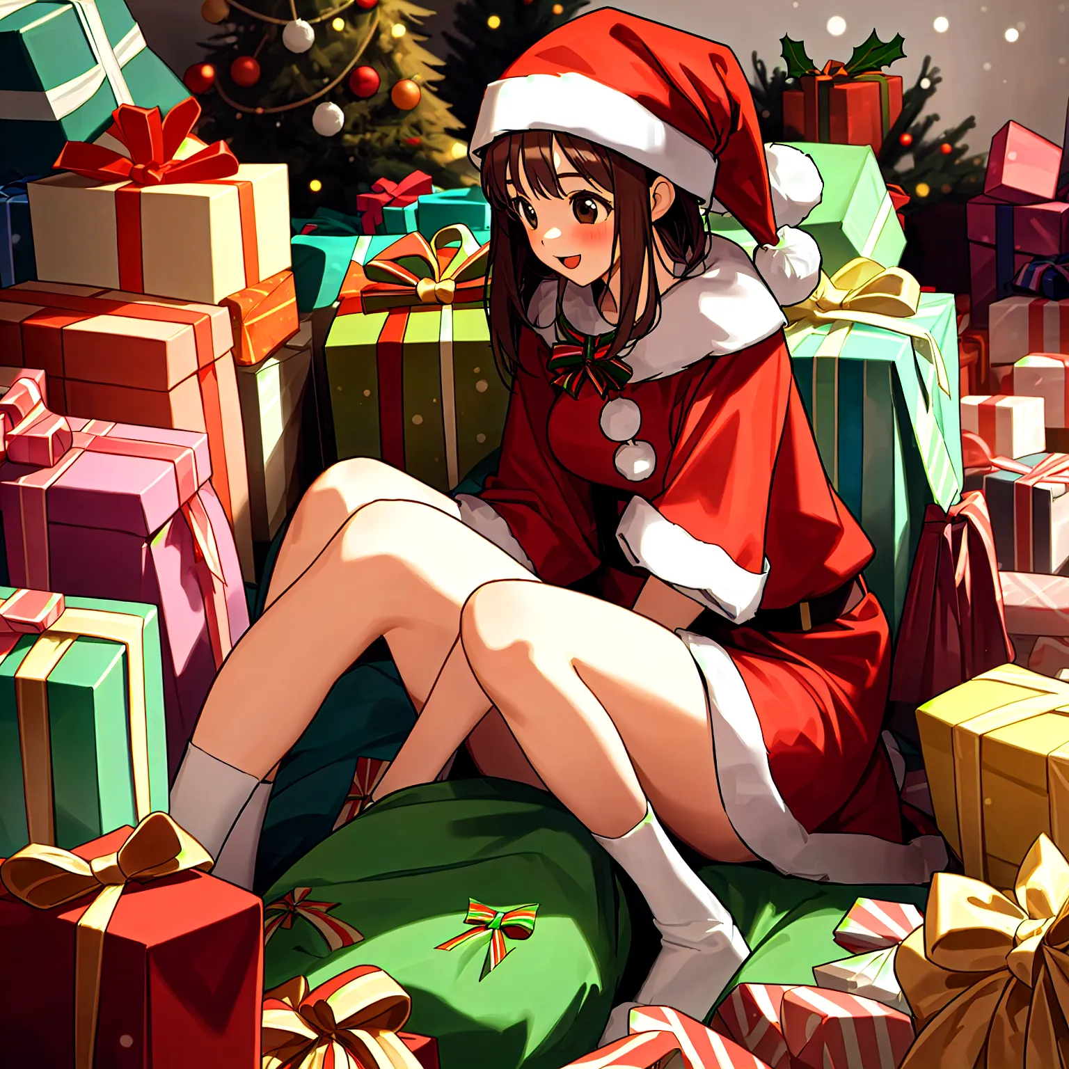 Girl sitting on a pile of Christmas presents、 Santa costume　Buried in a pile of presents