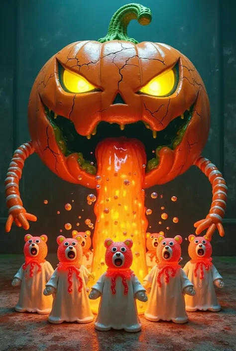 
A giant, cracked plastic pumpkin monster with long bendy candy-cane arms is vomiting glowing orange jelly worms onto a terrifie...
