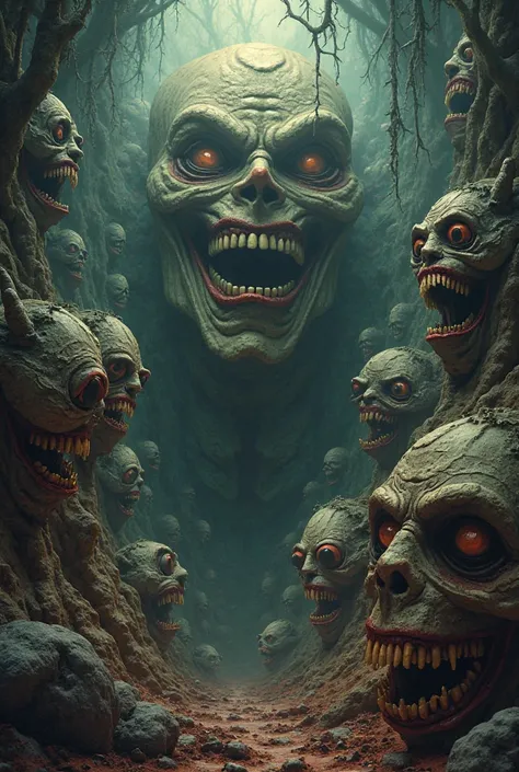 horror landscape with strange smiling faces