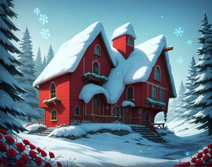 Fairytale winter scene. A cozy wooden cabin with steep, snow-covered roofs and large icicles hanging from the eaves. The house i...