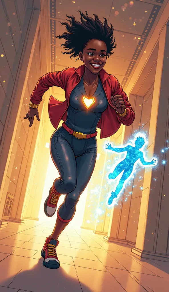 Princess Shuri  sprinting down Avengers Tower corridor laughing,  'JUST PRANKED STARK' hologram floating beside her,  dynamic an...