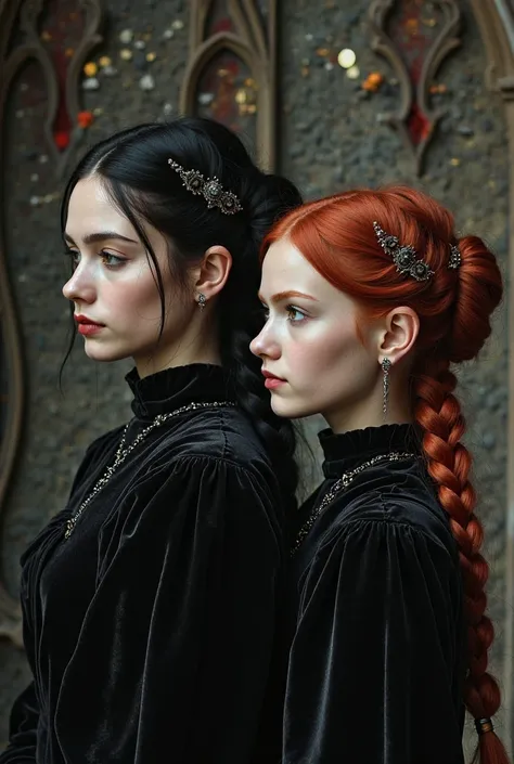 Gothic medieval portrait, black-haired and red-haired girl in dark velvet dresses with high collars. Their pale faces with myste...