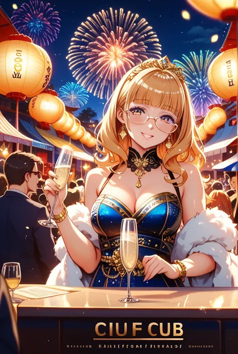 luxurious champagne gacha poster with summer festival theme, vertical composition, vibrant background with glowing red and gold ...