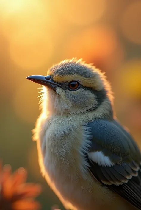 A mesmerizing close-up portrait of a gorgeous little bird illuminated by the soft, golden light of a tranquil morning, with vibr...
