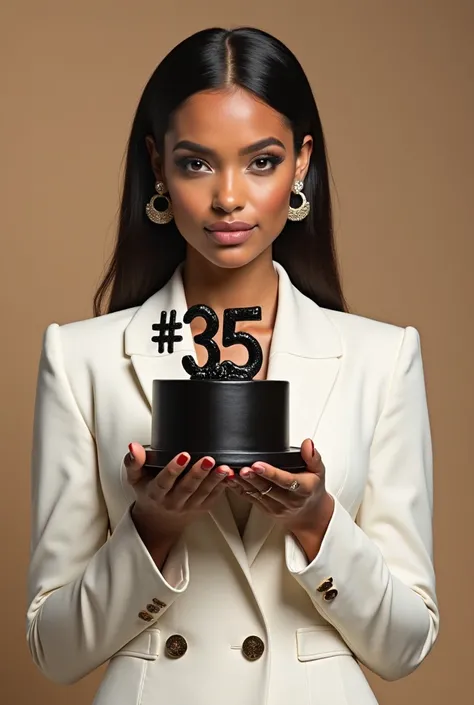 @JayJay ❤️: A person's face for a birthday photo shoot. Holding a black cake with "#35" in hand, wearing a white slim-sized suit...