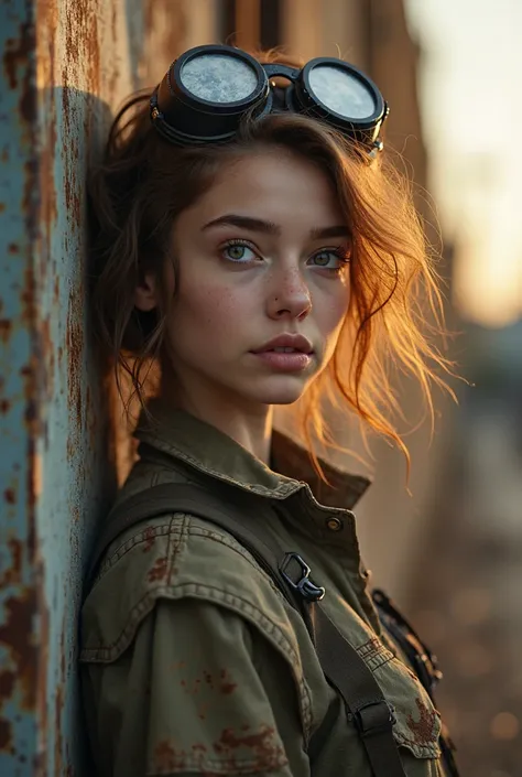 A young woman leaning casually against weathered industrial railing, steampunk aesthetic, messy windswept hair with protective g...