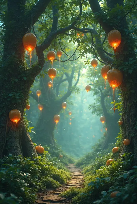 Video of enchanted forest with fruit never seen hanging from the trees, with wet effect