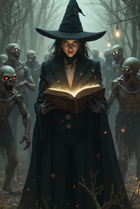 Witch dressed in a black suit with a pointed hat,  reading a book of enchantments,  resurrected the zombies and all the dark cre...