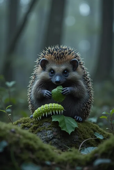 A hedgehog, with a cold and commanding presence, sits motionless on a moss-covered rock deep in the forest. In its small paws, i...