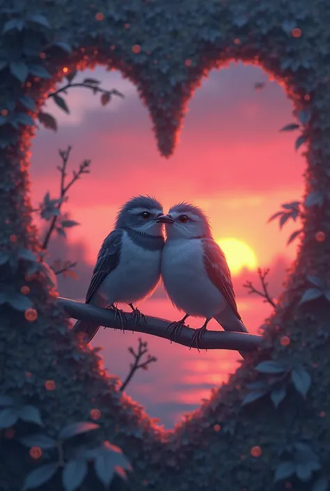 Two little birds attached to each other on a branch 
Background watching the sunset melancholic air conditioning neon light suns...