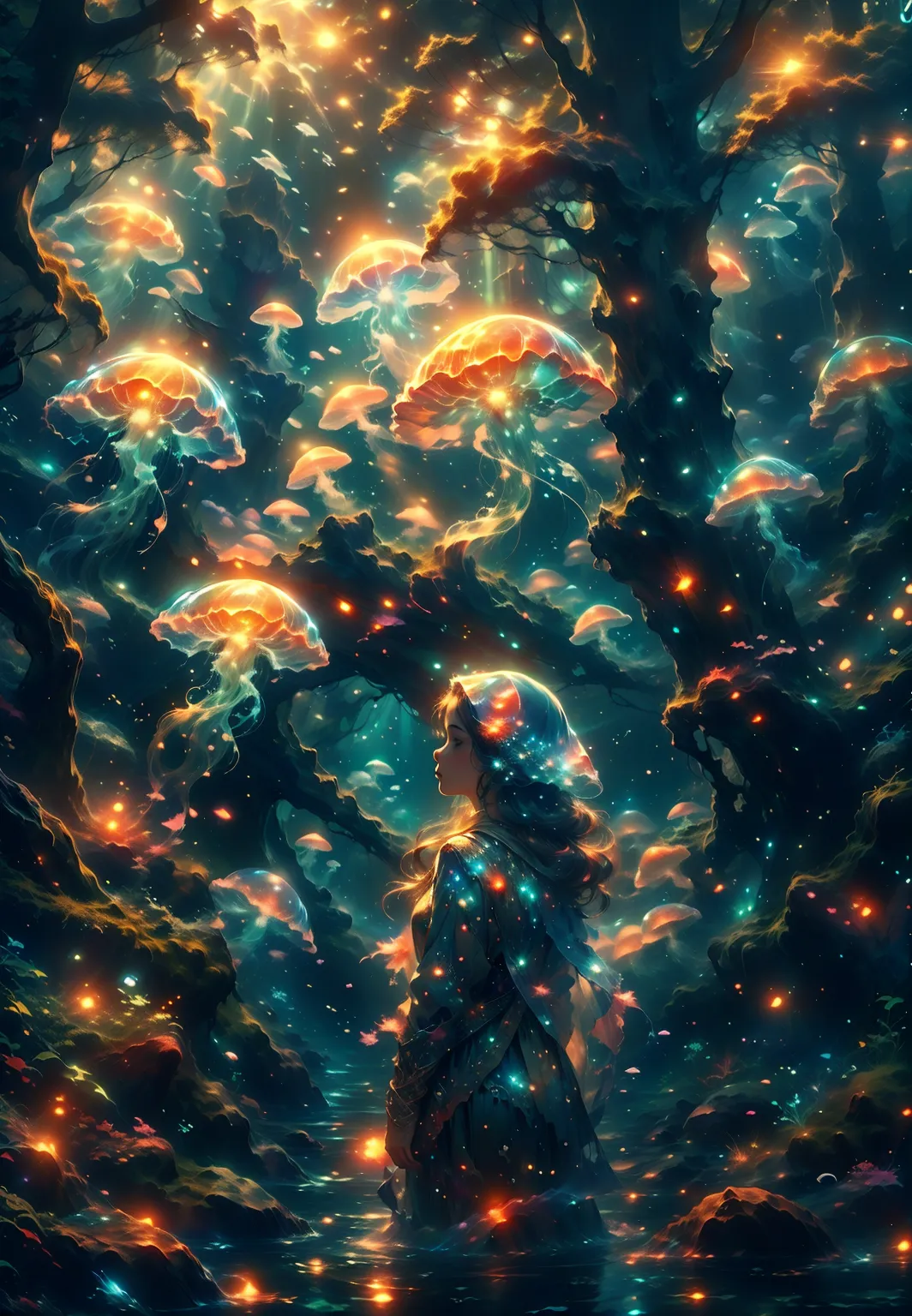 Jellyfish drifting gracefully through the sea. Underwater, deep sea, shining coral, seaweed covered in bubbles, the faint light ...