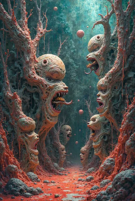 Create a scenario sketch with distorted shapes, vibrant colors and exaggerated elements that represent feelings such as fear, di...