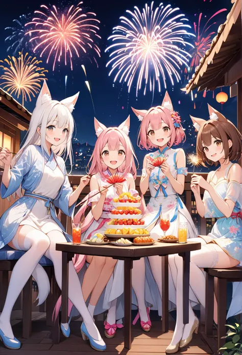 A vibrant digital illustration in a festive anime style, depicting three beautiful anthropomorphic female figures enjoying a liv...
