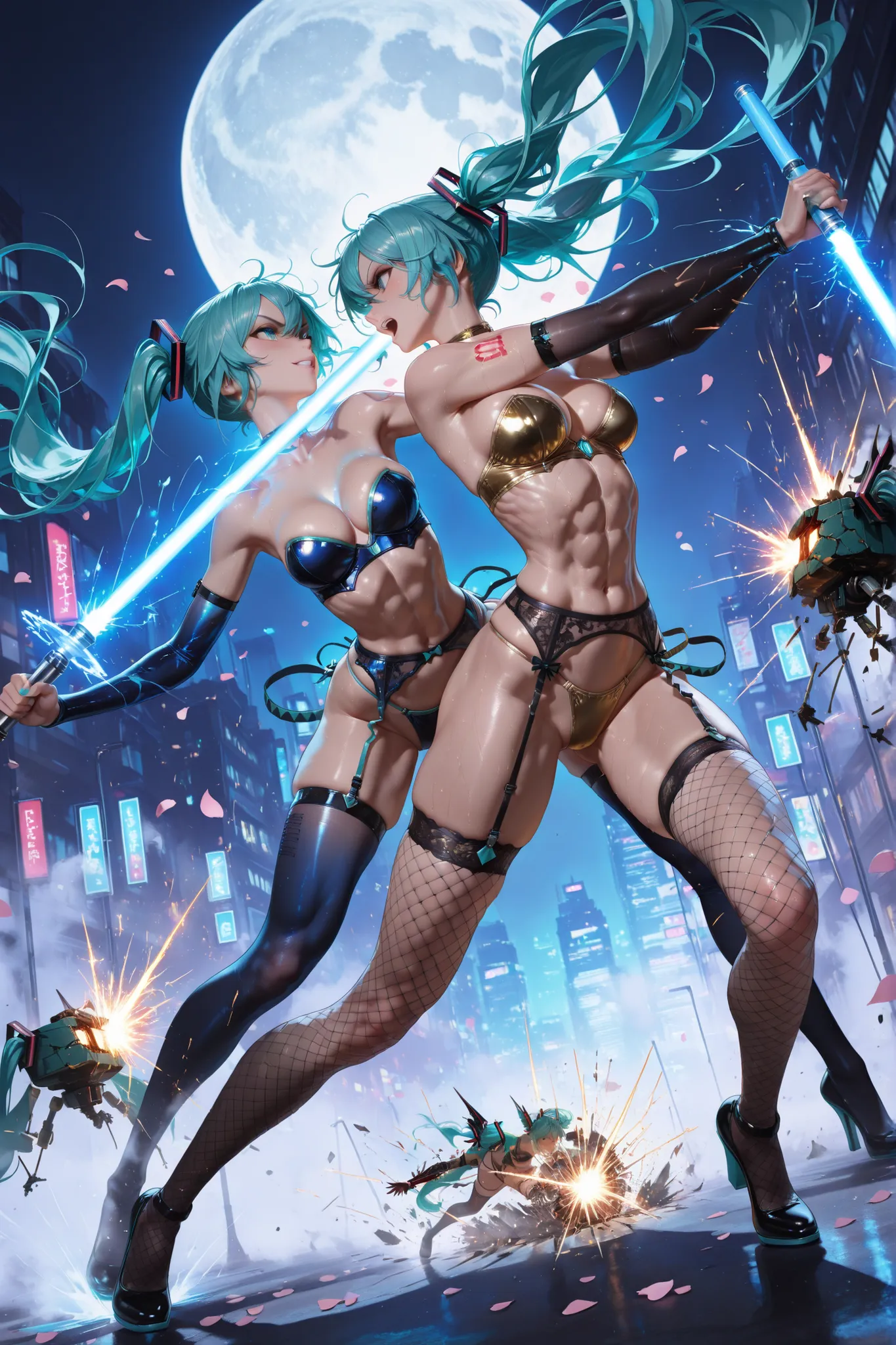 (masterpiece, detailed:1.2),A Japanese high school girl (hatsune miku)  (((beautiful face))),, , wields a shimmering (( blue lig...