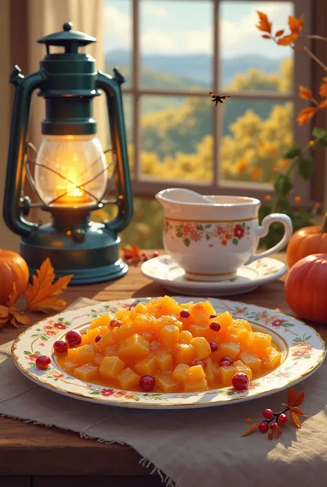 Marmalade with sugar and pieces of fruit on a plate. Next to it is a tea set with autumn patterns. kerosene lamp, moth. pastoral...