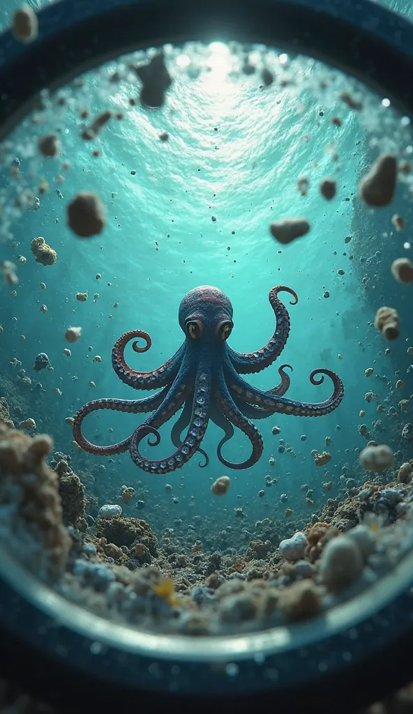 POV from diver’s mask — debris flying toward the lens. Octopus in distance with one raised tentacle like it’s flipping the bird....