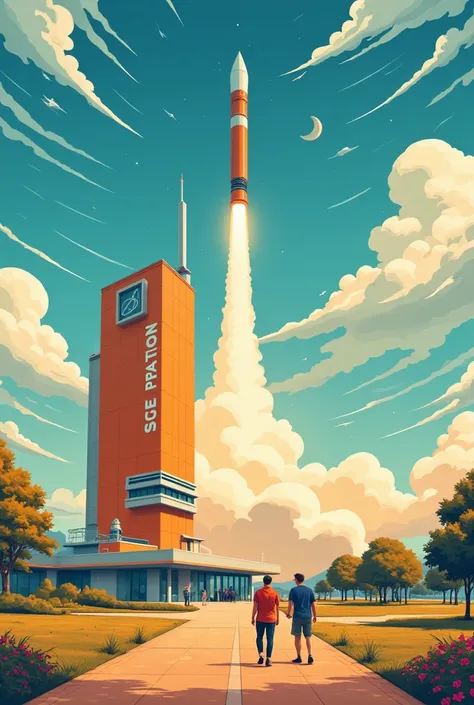  Vibrant digital illustration ， Retro-futuristic style ，Depicting a launch scene 。 A rocket launches from a modern orange and bl...