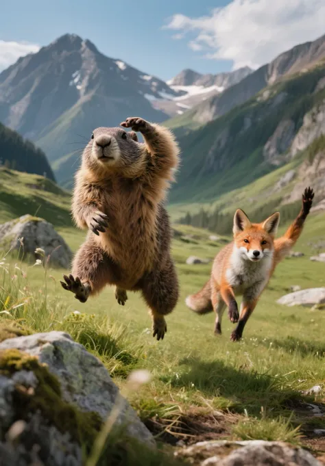  marmots（Stunning、jumping、片手を頭上、One hand on the chest、raise legs）runs away from the fox with one hand overhead、Rocky Mountain、Mo...